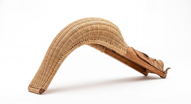 A traditional woven wicker jai alai cesta basket isolated on a clean white studio background.
