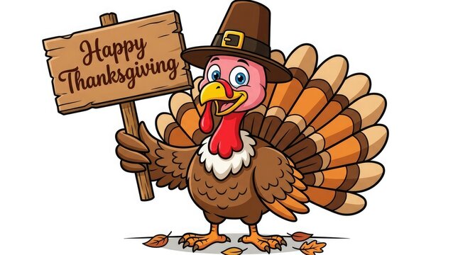 Happy thanksgiving cartoon turkey in pilgrim hat holding sign