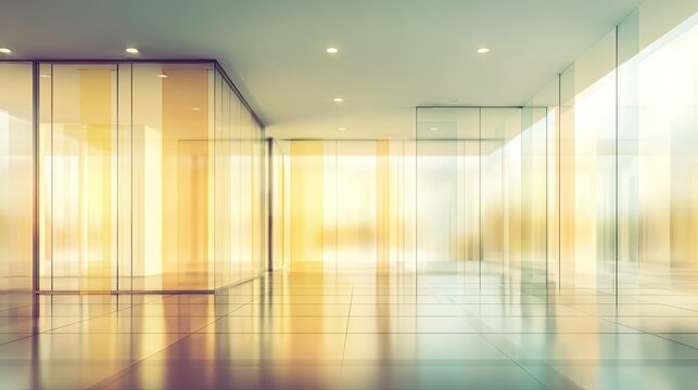 Bright, modern corporate corridor featuring reflective glass partitions and warm, abundant illumination