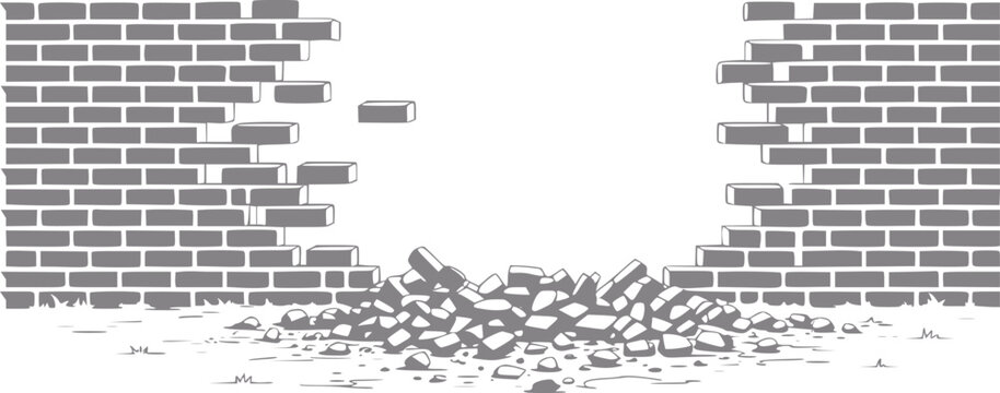 Broken brick wall with pile of rubble and loose bricks