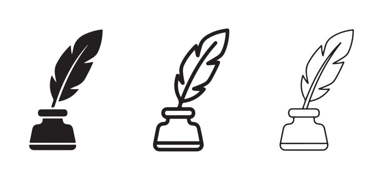 quill pens in inkwells with different line styles and colors  isolated on white background for writing and drawing concepts