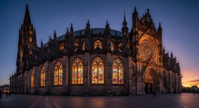Majestic gothic cathedral illuminated at dusk with stained glass windows glowing warmly