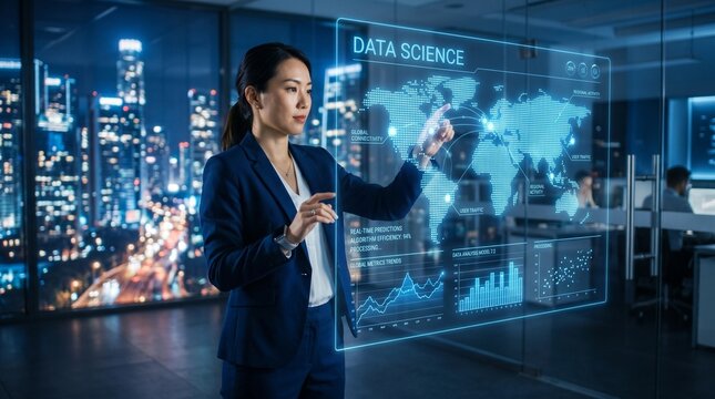Data Scientist Using Digital Screen with Data Science and networking predictive modeling algorithms data. Extracting business intelligence insights, training machine learning models, data processing