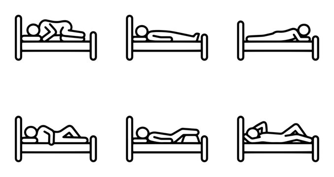 Sleep Positions Icon Set, Restful Poses Collection, Human Figure in Bed Vector Graphics, Nighttime Comfort and Relaxation Symbols