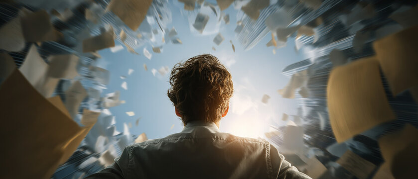 Mindblown: A person's head, seen from behind, is surrounded by an explosion of paper documents, symbolizing an overwhelming rush of information or a breakthrough moment of realization.