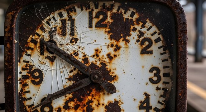 Closeup of a very old, rusty square clock face with roman numerals and cracked glass