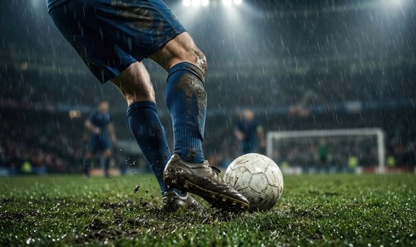 Professional football player kicking soccer ball on wet grass during rain