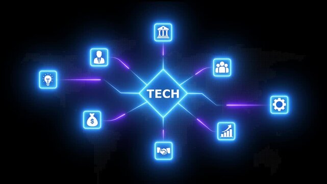 Blue and purple neon glowing tech network concept with digital communication technology icons and rhombus node structure on world map background for global business and cyber infrastructure