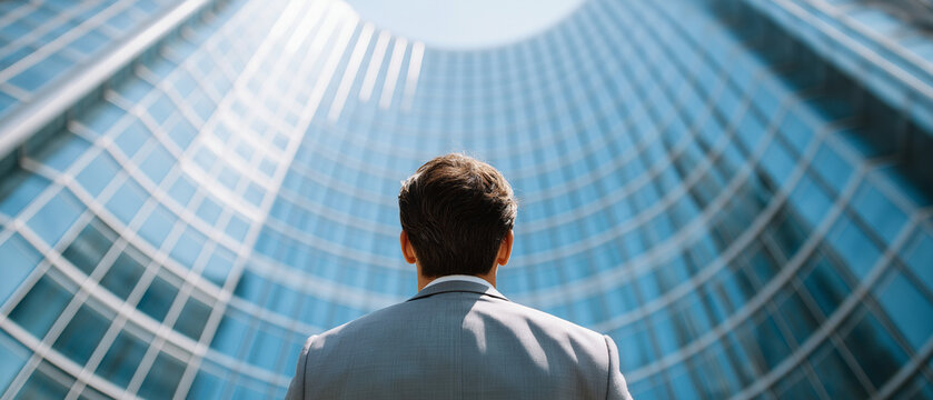 Visionary Leadership: A lone businessman in a sharp suit stands with his back to the viewer, gazing up at the towering glass facade of a modern skyscraper, symbolizing ambition and future success.