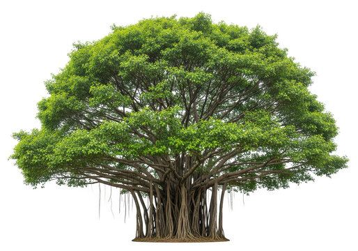 Large banyan tree with aerial roots, sprawling branches, dense green foliage, tropical plant icon, natural wonder, isolated on transparent background for environmental design.