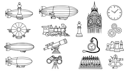 Steampunk Vintage Icons: Airships, Train, Clock Tower, Chess, Telescope, Binoculars © Akun