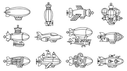 Steampunk Airships and Aircraft Collection Vector Illustration © Akun