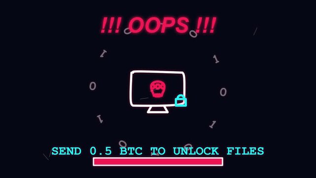 Digital ransomware attack animation with computer screen lockout warning