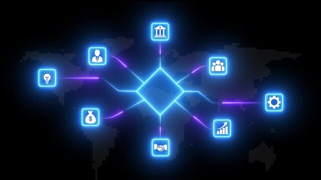 Blue and purple neon glowing empty network connection frame concept with digital technology icons and rhombus node structure on world map background for global cyber copy space template