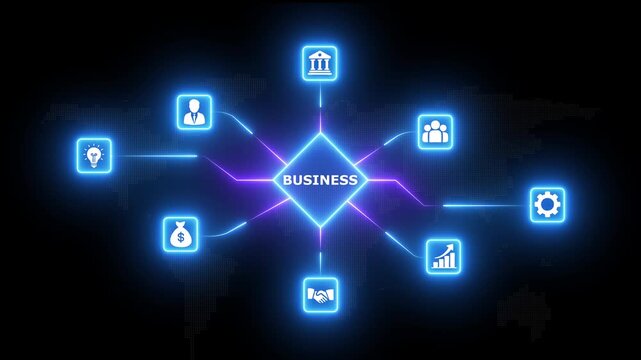 Blue and purple neon glowing business network concept with digital communication icons and rhombus node structure on world map background for global corporate strategy and commercial infrastructure