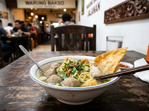 Delicious indonesian bakso noodle soup in a cozy restaurant setting