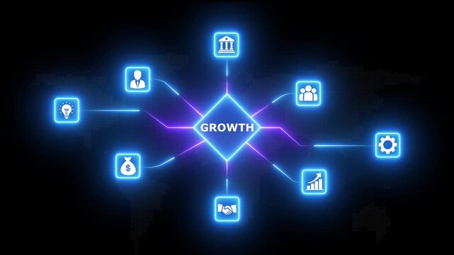 Blue and purple neon glowing growth network concept with digital business technology icons and rhombus node structure on world map background for corporate success and financial development