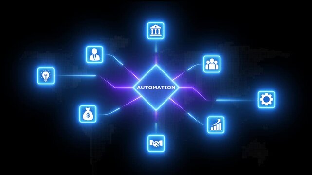 Blue and purple neon glowing automation network concept with digital business technology icons and rhombus node structure on world map background for efficient workflow and cyber infrastructure