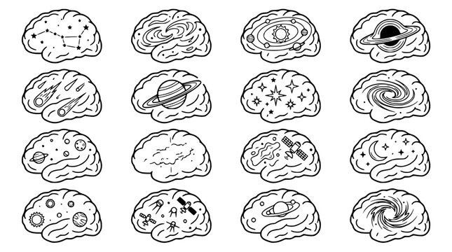 Cosmic Brains: Galaxy, Nebula, Stars & Planets Inside Human Mind Illustration
