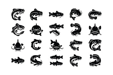 Obraz premium Black and white vector illustration of collection of various catfish and fish silhouettes in different poses and styles on a