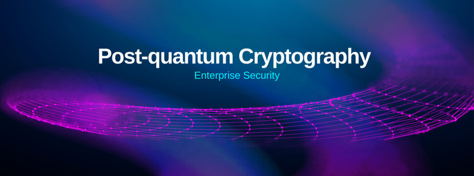 Post-quantum cryptography enterprise security banner abstract digital network wave. Glowing purple data lines and connected dots. Dark blue tech background futuristic cyber protection concept.