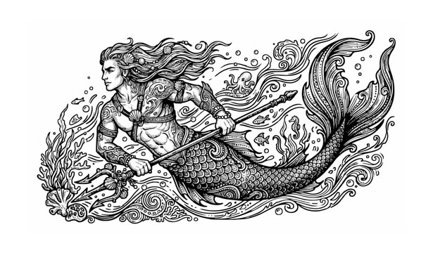 Detailed Fantasy Merman Character Hand Drawn