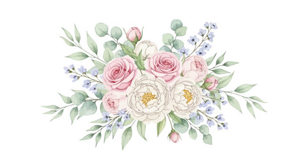 Watercolor floral bouquet with soft pink roses and white peonies, elegant botanical arrangement for wedding invitation or greeting card design © aghniya