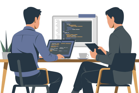 Two Male Developers Collaborating on Code with Laptop and Desktop Computer