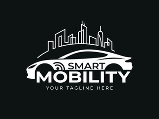 Fototapeta premium Smart Mobility Car Logo with City Skyline Outline.