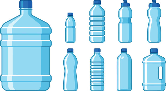 Plastic Water Bottle Vector Icon Set with Cooler Jugs Sports Bottles and Mineral Water Containers for Hydration and Beverage Graphic Designs
