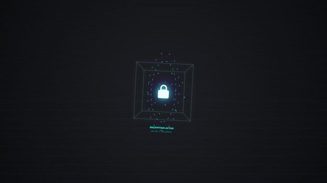 Digital padlock icon rotating inside a wireframe cube showing encryption