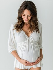 Fototapeta premium High-key photo, a pregnant woman from the hips up, wearing simple white sleepwear, cradling her belly, looking down, white background