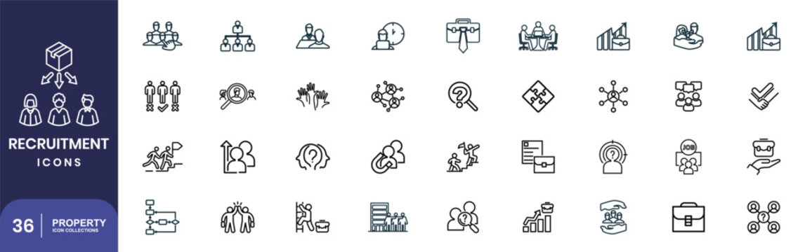 Recruitment web icons in line style. Headhunting, career, resume, work group, candidate, job hiring, collection. Editable stroke. Vector illustration.