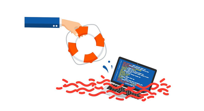 IT Support and Cybersecurity Concept: Laptop Sinking in Malware Worms Rescued by Lifebuoy