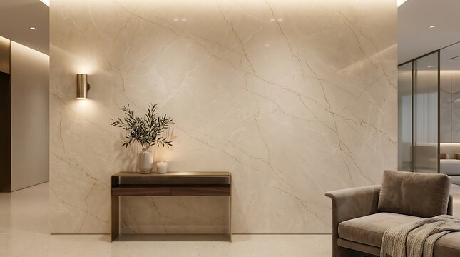 Modern luxury living room interior with a stone marble wall console table and cozy brown sofa furniture