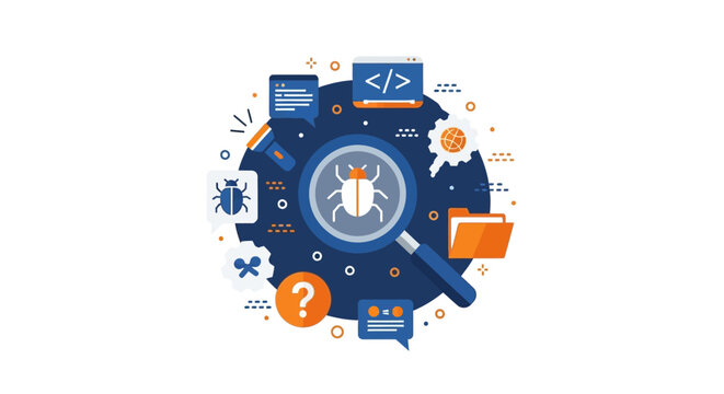 Software Testing and Bug Debugging Flat Vector Illustration for Quality Assurance, Programming, and IT Web Development Services