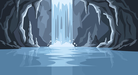 A waterfall cascades into a pool inside a dark, rocky cave. © Umi