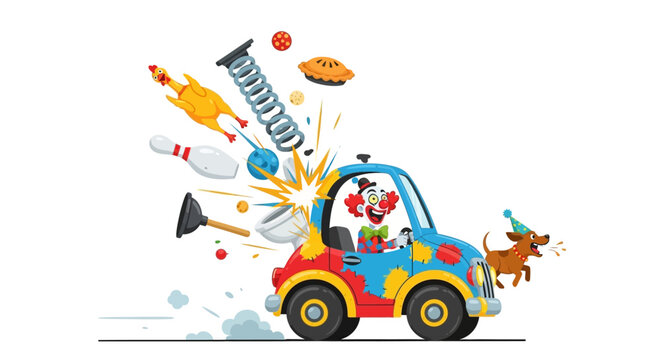 Clown drives a car that is crashing and objects are flying out.