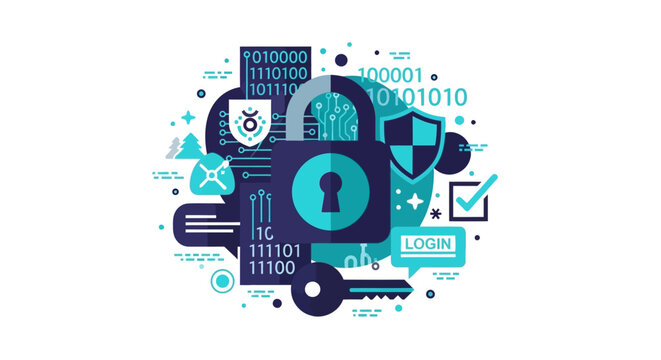 Cyber Security and Data Protection Concept Illustration with Padlock, Shield, Key, and Binary Code on White Background