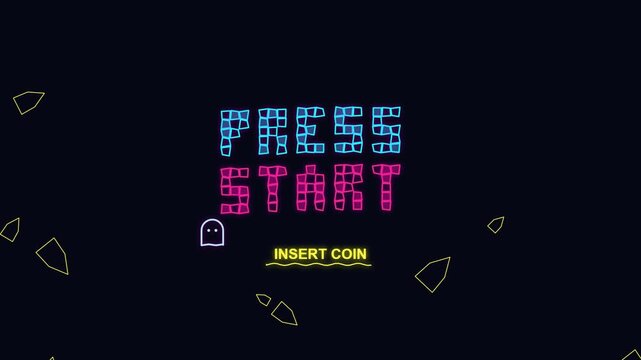 Retro arcade game neon text animation with ghost character moving on screen