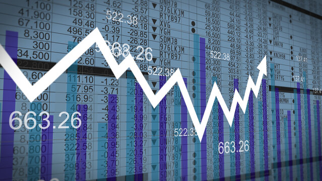 Stock market chart, global investment strategy interface and futuristic economic data analysis, finance arrow growth concept with glowing concept