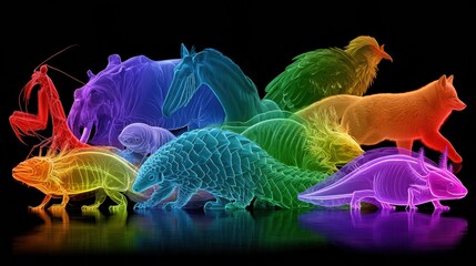 Fototapeta premium A wide scene displays ten animals glowing in various colors on a black background, featuring mantis shrimp, axolotl, and more.
