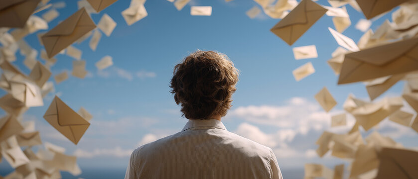 Letters to the Sky: A man stands with his back to the viewer, gazing up at a vast blue sky filled with a multitude of envelopes flying around him like a storm.