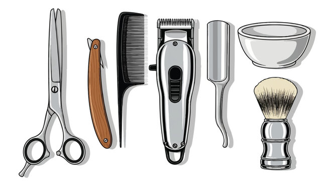 Set of grooming tools including scissors, razors, clippers, brushes, bowls, and trimmers arranged for personal care and barbering.