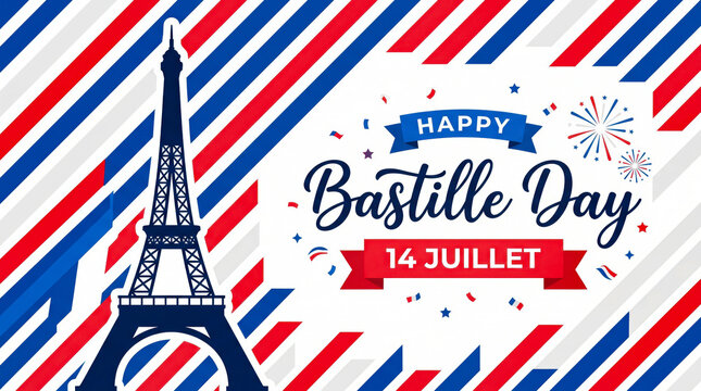 Bastille Day celebration banner with Eiffel Tower silhouette, 14 Juillet French National Day greeting, tricolor blue white and red diagonal stripes