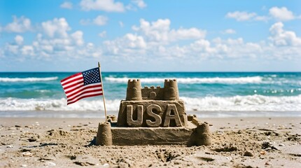 American patriotism concept with a sandcastle spelling usa and waving us flag on a sunny beach