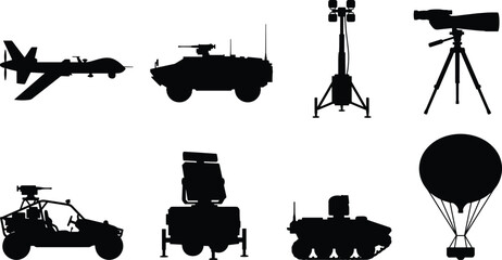 Obraz premium Military Surveillance and Reconnaissance Silhouette Collection with Drone Armored Vehicle Radar and Observation Equipment