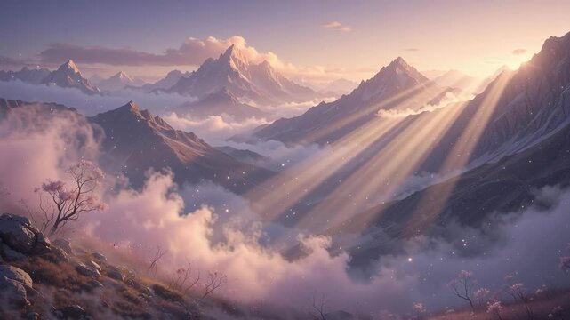 Mountain peaks covered in snow with golden sunrise light rays shining through morning clouds in a vast alpine landscape