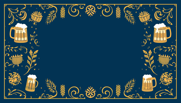 Decorative golden border with beer mugs, hops, and wheat on a dark blue background, perfect for Oktoberfest or brewery themes.