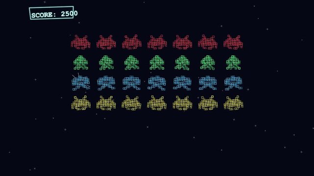 Retro arcade video game with alien pixel monsters moving in space
